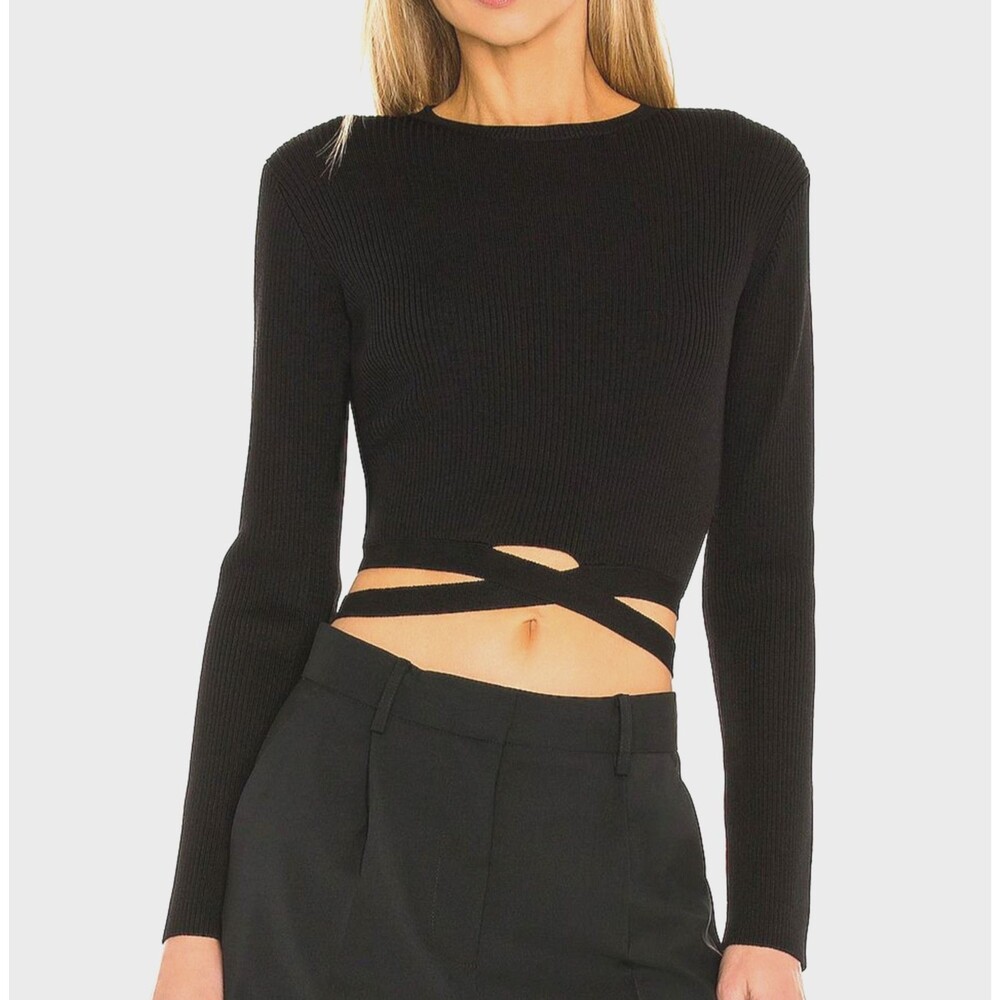Musier Paris Cropped Wrap Top Size 6 38 Giovana Knit Black Ribbed Sweater NEW